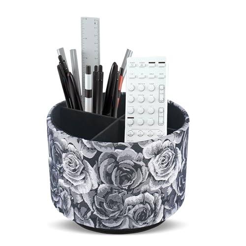 Round Leather Art Supply Organizer,Remote Control Holder,360 Degree Rotating,Multi-Functional Pencil Holder,4 Compartments Desktop Stationary Organizer(1-3D Black Grey) - color: 1-3D Black Grey