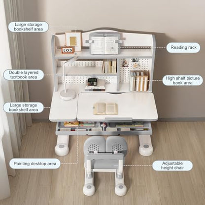 Kid Study Desk and Chair Set 3-12 Height Adjustable Ergonomic Desk | School Art Desk, 50° Tiltable Desktop, Easy-Turn Crank, Storage Drawer & Built-in Bookstand for Children Boys & Girls - color: 013-grey-31.5in