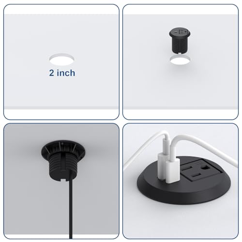 Desk Power Grommet, Haylink Recessed Power Outlet with AC Plug & Fast Charging USB A+C | 6.56FT Cable | 2" Pre-Cut Hole| for Modern Desk, Kitchen Island & Workshop, Black