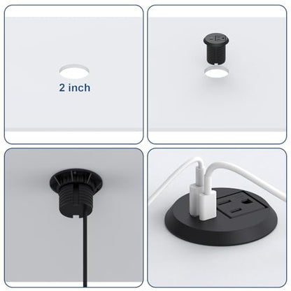 Desk Power Grommet, Haylink Recessed Power Outlet with AC Plug & Fast Charging USB A+C | 6.56FT Cable | 2" Pre-Cut Hole| for Modern Desk, Kitchen Island & Workshop, Black