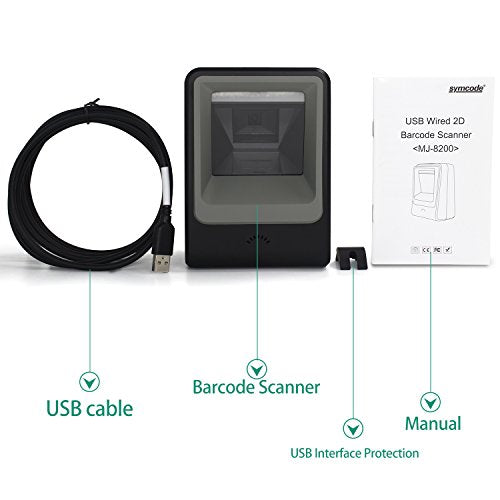 2D QR Barcode Scanner,Symcode Omnidirectional Hands-Free USB Automatic Barcode Reader for Mobile Payment Computer Screen Scan - color: Black
