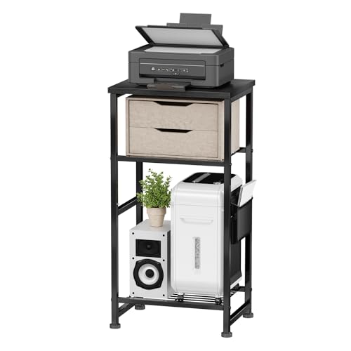 Industrial 3 Tier Printer Stand, Home Printer Wood Table with Wire Storage Shelf for Scanner Fax Machine, Heavy Duty Metal, Black with Burly Wood Board - color: Black