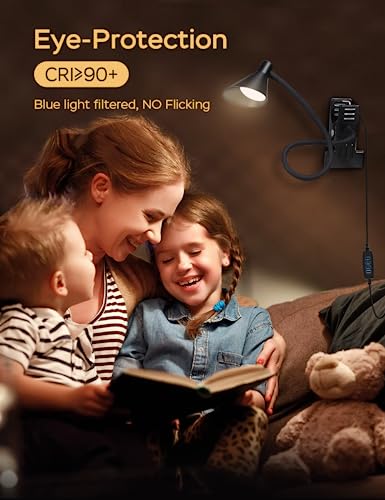 LiFMIRA Clip on Light USB Reading Light Desk Lamp 3 Color Modes Black | 10 Brightness Levels Eye Care Clamp Light Flexible Dimmable Reading Lamp Clip on Lamp for Bed Headboard Desk Bedside Dorm - color: Black