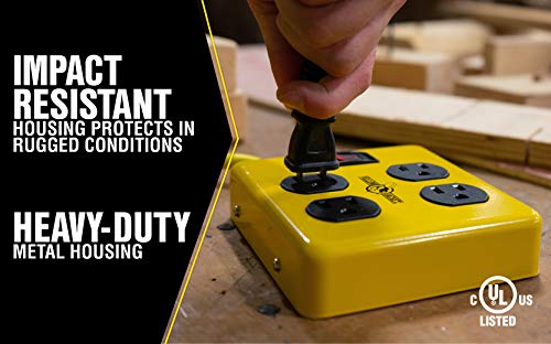 Southwire Yellow Jacket Metal Power Block - Heavy Duty Design - 4 Outlet Grounded Plug Splitter - Lighted Switch - 4 Ft Yellow Cord Plug - Durable Workshop Use - size: 4 ft