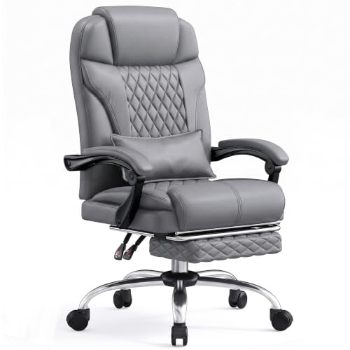 DurayLoly Big and Tall Office Chair, Retractable Footrest, 145° Recline - color: Grey