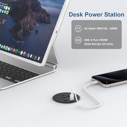 Desk Power Grommet, Haylink Recessed Power Strip with AC Outlet & 2X PD 20W USB C | 6.56FT Cable | 2.36"(60mm) Cut Hole| for Modern Desk, Kitchen Island & Workshop, Black