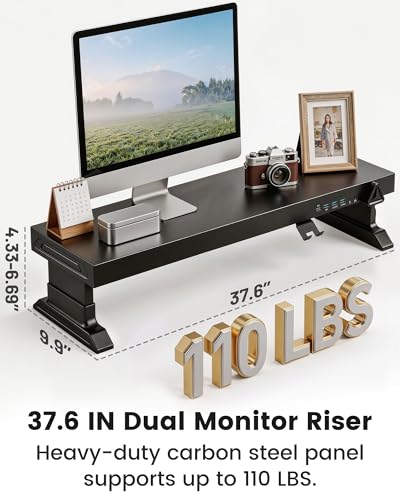 Height Adjustable Dual Monitor Stand Riser with 6-Port USB Hub, Black | Fits Dual 27" Monitors, Charge & Sync Multiple Devices, Ergonomic Height, Solid Steel Material, Cable Management, Quick Setup