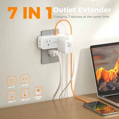 TESSAN Wall Outlet Extender, Multi Plug Mini Wall Expander, Grey - color: Grey with USB-C, size: 7 Outlets