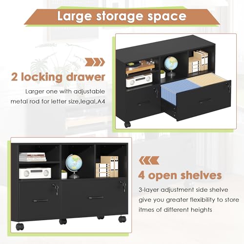 2 Drawer Wood Lateral File Cabinet with Lock, Lockable Rolling Filing Cabinet with Adjustable Storage Shelves, Printer Stand Office Storage Cabinet for Home Office Fits Files Legal/A4, Black - color: Black-2 Drawers