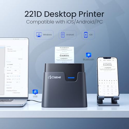 CLABEL 221D Desktop Thermal Barcode Label Printer, 2 Inch Width | Bluetooth Label Maker, Direct Thermal Printing, with 1 Roll Label, for Office, Warehouse and Mailing Address - color: Black, size: 2Inch