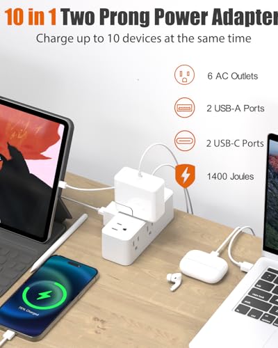 10FT 2 Prong Power Strip, WRXDMC 2 Prong to 3 Prong Outlet Adapter | 1400J Two Prong Surge Protector, 10ft Cord, 6 AC with 2 USB C and 2 USB A, Wall Mountable, Ideal for Old House