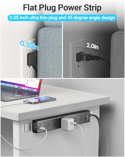 360° Mountable Surge Protector Power Strip with 4 USB Ports (2 USB C), 6 FT Electrical Outlet & Flat Plug Extension Cord for Under Desk, Wall, or Corner Mount - style: Desk Socket - Black