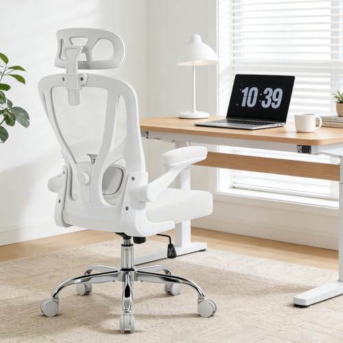 Office Chair Ergonomic Office Chair, Mesh Desk Chair, White, 1 PK | Lumbar Support, Head Support, Rocking Function, Flip-up Armrests, Mesh High Back, Suitable for Home Office - color: White
