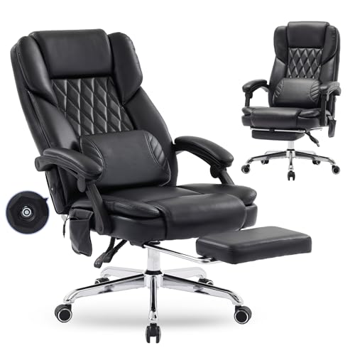 Massage Office Chair with Footrest, High Back Executive Chair, Ergonomic Desk Chair with Removable Pillow, 2 Lumbar Massage Points, Reclining, Leather Computer Chair, Black - color: Ocs10-black