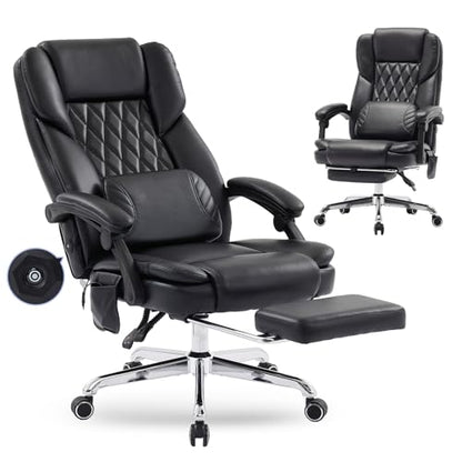 Massage Office Chair with Footrest, High Back Executive Chair, Ergonomic Desk Chair with Removable Pillow, 2 Lumbar Massage Points, Reclining, Leather Computer Chair, Black - color: Ocs10-black