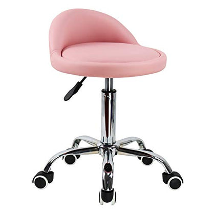 KKTONER PU Leather Round Rolling Stool with Back Rest Height Adjustable Swivel Drafting Work SPA Task Chair with Wheels Pink - color: Pink