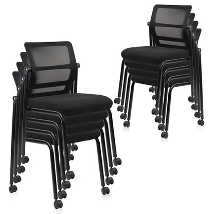 CLATINA Stacking Armless Office Guest Chair with Wheels, Stackable Mesh Waiting Room Reception Desk Chairs with Adjustable Backrest for Conference Lobby Side School, Black, 8PK - size: 8 Pack