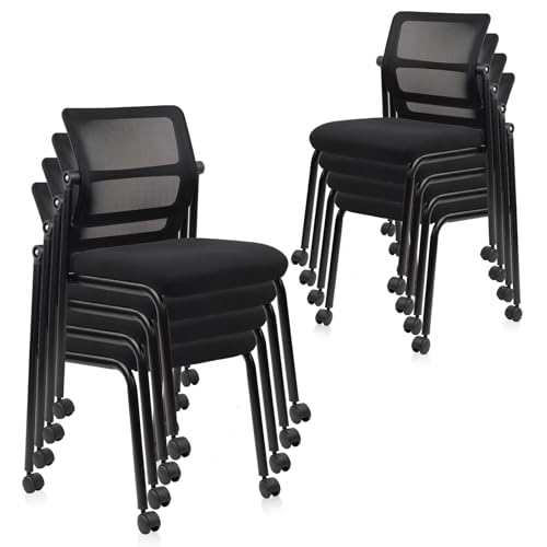 CLATINA Stacking Armless Office Guest Chair with Wheels, Stackable Mesh Waiting Room Reception Desk Chairs with Adjustable Backrest for Conference Lobby Side School, Black, 8PK - size: 8 Pack