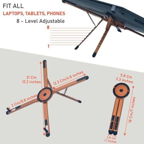 Foldable Desktop Portable Laptop Stand, Adjustable Laptop Riser with Magnetic Phone Holder, Aluminum Alloy Notebook Stand Compatible with 10-16 Inch Laptops and 4-13 Inch Phones/Tablets (Orange) - color: Orange