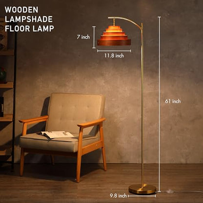 O’Bright Strata Wooden Floor Lamp - Mid Century Modern Standing Lamp with Layered Wood Shade, Tall Reading Lamp for Living Room, Bedroom, Office, Antique Brass, Dark Oak, Cascade Shade - color: Antique Brass-Dark Oak-Cascade