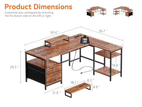 Furologee 50 Inch L Shaped Computer Desk with Power Outlet, Rustic Brown - color: Rustic Brown, size: 50 Inch