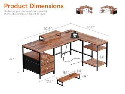 Furologee 50 Inch L Shaped Computer Desk with Power Outlet, Rustic Brown - color: Rustic Brown, size: 50 Inch