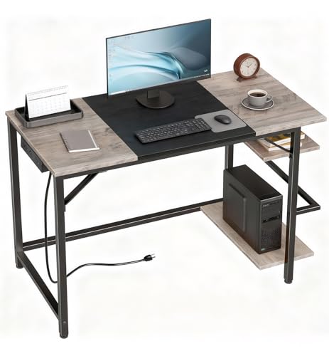 HOOBRO Small Computer Desk, 35.4 Inch Home Office Desk with Power Outlet, Writing Desk with 2 Shelves, Modern Small Desk for Home Office, Study, Easy to Assemble, Charcoal Gray and Black BG43UDN01 - color: Charcoal Gray + Black