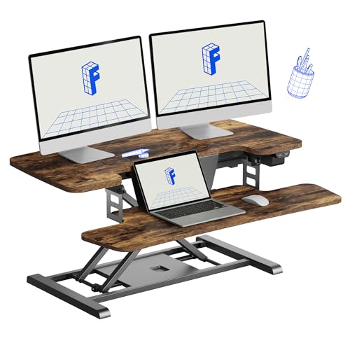 FLEXISPOT 35" Electric Standing Desk Converter, Height Adjustable Motorized Desk Riser for Computer Monitors & Laptop Workstation, Rustic Color - color: Rustic, size: 35"