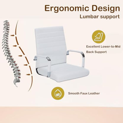 White Leather Ribbed Office Mid-Back Desk Conference Chair with Wheels | Ergonomic Mid-Back Executive Chairs with Wheels Adjustable Swivel Computer Task Desk Chair with Arms and Thick Padded Seat - color: White, size: Mid Back
