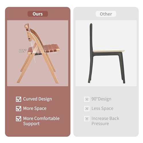 Folding Dining Chairs Set of 2 | Wooden Foldable Chair with Leather-Woven Backrest and Widened Seat Extra for Guests Kitchen Office Wedding Picnic Brown - color: Brown With Leather Strap, size: 2PCS