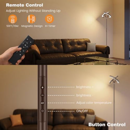 SIBRILLE 30W LED Floor Lamp for Living Room, 350° Rotating Reading Standing Lamp with Remote Control, Stepless Dimmable 3000K-6500K Modern Tall Lamp for Bedroom Office - color: Brown