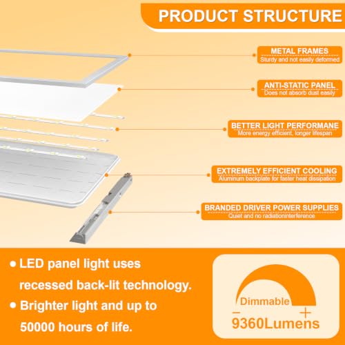 6 Pack 2x2 LED Flat Panel Light Drop Ceiling Office Fixture 5 CCT 3000K-6500K Adjustable & 5 Wattage 15W-20W-30W-40W-50W Selectable, 0-10V Dimmable，Flush Mount Ceiling Light - size: 2x2 6PACKS
