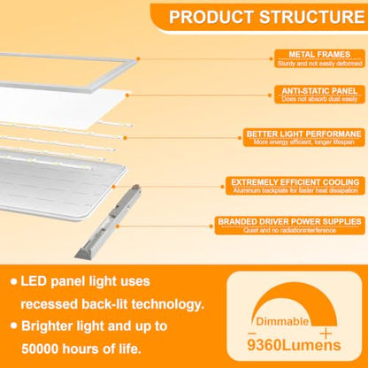 6 Pack 2x2 LED Flat Panel Light Drop Ceiling Office Fixture 5 CCT 3000K-6500K Adjustable & 5 Wattage 15W-20W-30W-40W-50W Selectable, 0-10V Dimmable，Flush Mount Ceiling Light - size: 2x2 6PACKS