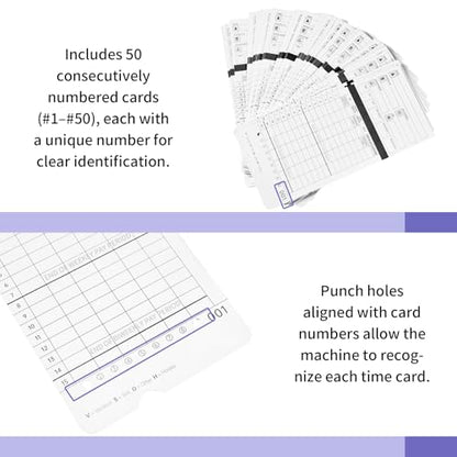 HN4000 Time Cards for Employee Time Clocks, Compatible with HN4000, HN2000, HN2500, HN4500, Card Numbers 1-50, Pre-Punched Holes, of 50 Cards, Separate Packaging (300)