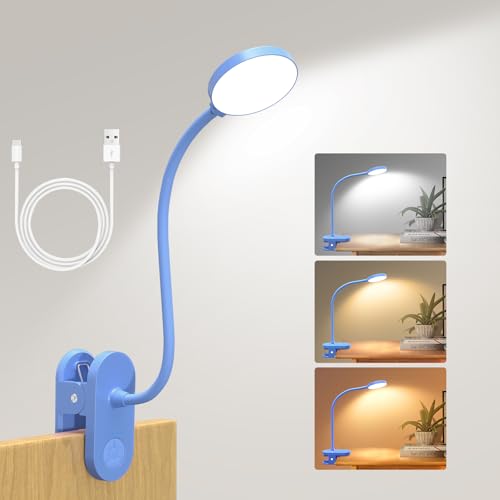 Cordless Clip on Reading Light, Rechargeable LED Book Lamp for Kids, Flexible and Dimmable Clamp Light with 3 Color Modes & 10 Brightness for Students Dorm Room Desk Bunk Bed Headboard (Blue/3.5'') | 10 Brightness Levels, Clamp Lamp with USB-C, 15.8'' Fle