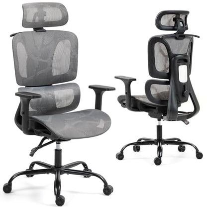 Grey Ergonomic High Back Mesh Office Chair | Lumbar Support, Adjustable Headrest, 3D Armrests, Reclining, Home/Office/Gaming, 330LBS - color: Grey, style: Upgrade w/o footrest