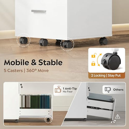 DEVAISE 3 Drawer File Cabinet with Lock & Wheels, White | Wood printer stand, Mobile filing cabinets for home office, Fits Letter/A4 Size - color: White