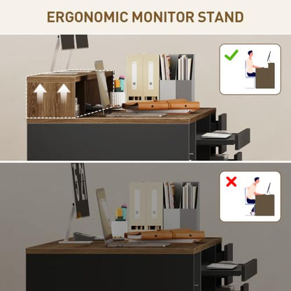 RALGEND 55" Office Desk with Drawers, Farmhouse Executive Desk with Drawers - color: Black, Walnut