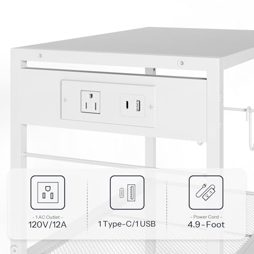 HOOBRO Industrial Printer Stand, 3-Tier Mobile Printer Table, Rolling Cart with Power Outlets and USB Ports, Home Printer Stand with 2 Hooks, for Office, Living Room, White WW22UPS01 - color: White