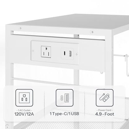 HOOBRO Industrial Printer Stand, 3-Tier Mobile Printer Table, Rolling Cart with Power Outlets and USB Ports, Home Printer Stand with 2 Hooks, for Office, Living Room, White WW22UPS01 - color: White