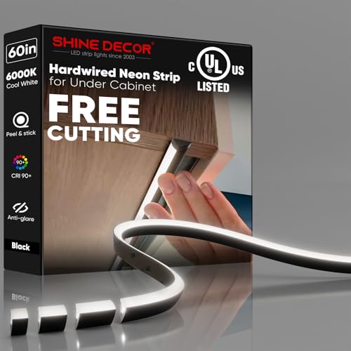 Under Cabinet Lighting Strip, Free Cuttable LED Silicone Neon Rope Hardwired 24V Anti-Glare Bright Cozy 1140 Lumen for Indoor, Adhesive Black Shell 6000K Cool 60” UL Certified, No Adapter - color: Cool LEDs + Black Shell, size: 60 inch