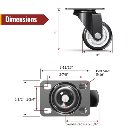 3 inch Swivel Caster Wheels, Heavy Duty Plate Casters with no Brakes Total Capacity 1000lbs (Pack of 4) - style: 3" no brakes 4pcs-1000lbs