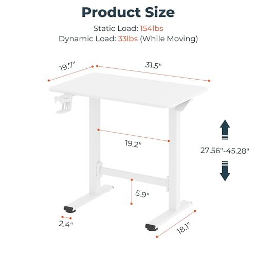 32''Pneumatic Standing Desk,Onepiece Adjustable Height Home Office | White 31.5''x19.7'' Small Home Desk Rolling Computer Workstation with Hooks & Cup Holder,Hidden Casters - color: White, size: 3220
