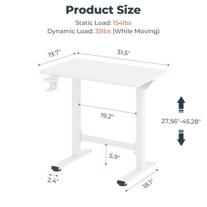 32''Pneumatic Standing Desk,Onepiece Adjustable Height Home Office | White 31.5''x19.7'' Small Home Desk Rolling Computer Workstation with Hooks & Cup Holder,Hidden Casters - color: White, size: 3220
