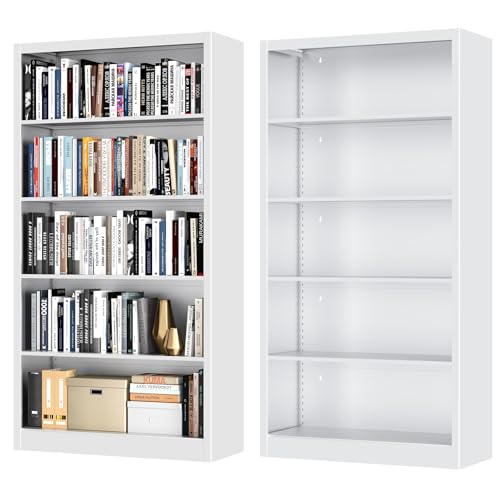 OSEILLC Bookcase,5 Tier White Bookshelves,66" Tall Free Standing Metal Bookcase with Adjustable Storage Shelves, Industrial Wide Bookshelf for Bedroom Living Room Home Office School - color: White, size: 66"H*33.3"W