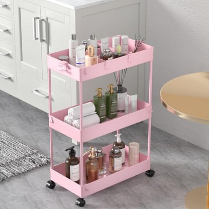 SPACELEAD 3 Tier Rolling Cart with Wheels, Storage Craft Art Trolley Organizer Serving, 3 Hanging Baskets Easy Assembly, for Office, Living Room, Kitchen, Pink - color: Pink
