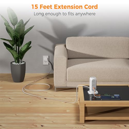 TESSAN Tower Power Strip Flat Plug with 1050J Surge Protection, 15 Ft, Grey | 11 Outlets 3 USB (1 USB C), Surge Protector Power Tower, Extension Cord with Multiple Outlets, Dorm, Office Desk Supplies - color: White, size: 15 Feet