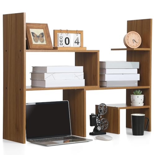 Briwooody Expandable Dorm Desk Hutch Adjustable Desktop Bookshelf,Brown | Wooden Desktop Storage Organizer, Bookcase Cubby Book Rack for College Dorm Home Office Furniture - color: Brown
