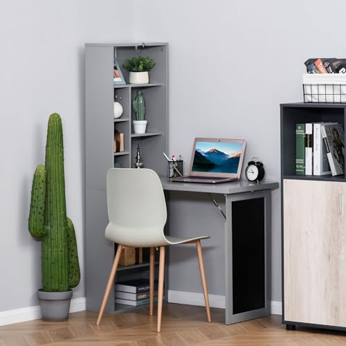 Grey Wood Wall Mounted Folding Desk with Bookshelf & Storage | Foldable Desks for Small Spaces, Pull Out Computer Desk with A Blackboard for Bedroom Apartment - color: Charcoal Grey