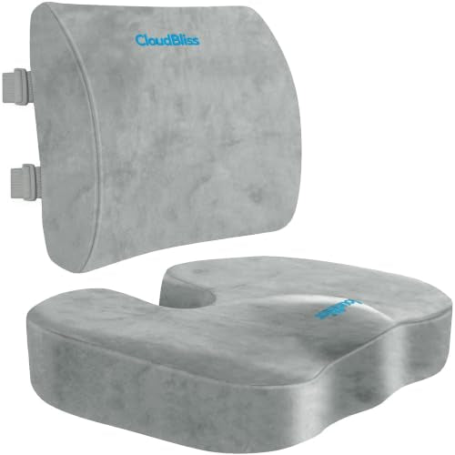 CloudBliss Ergonomic Seat Cushion & Lumbar Support Pillow Set, Light Grey | Back Pain & Sciatica Relief, Memory Foam Support, Adjustable Straps, Machine Washable Velvet, Perfect for Office, Car, Gaming - color: Light Grey, size: Large